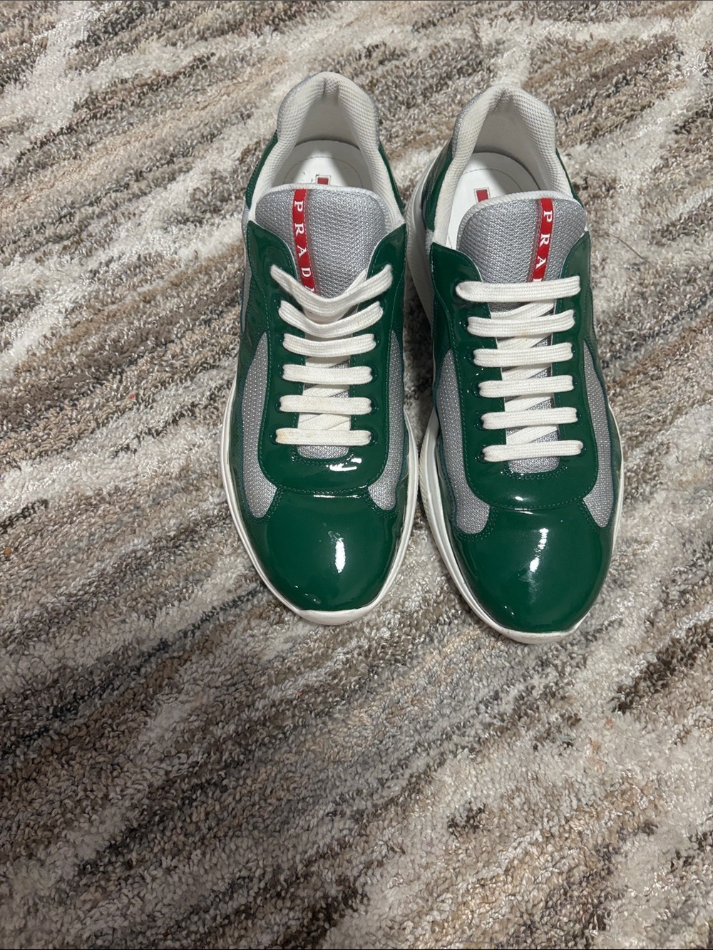 Prada Green and White Men's Sneakers with Red Tongue Tab